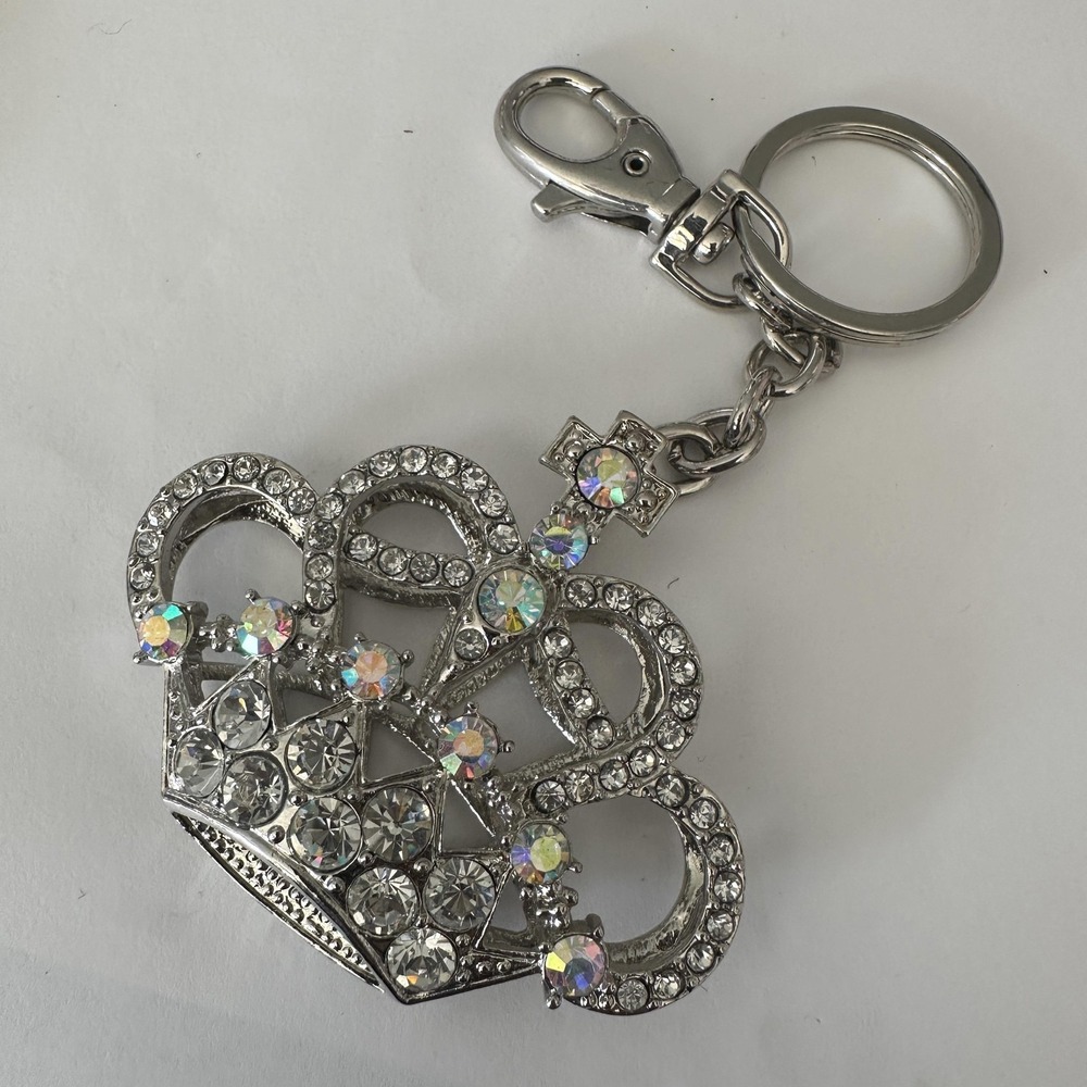 VTG Y2K Silver Tone Crystal Crown Keychain Purse‎ Bag Charm Clip Rhinestone Gem